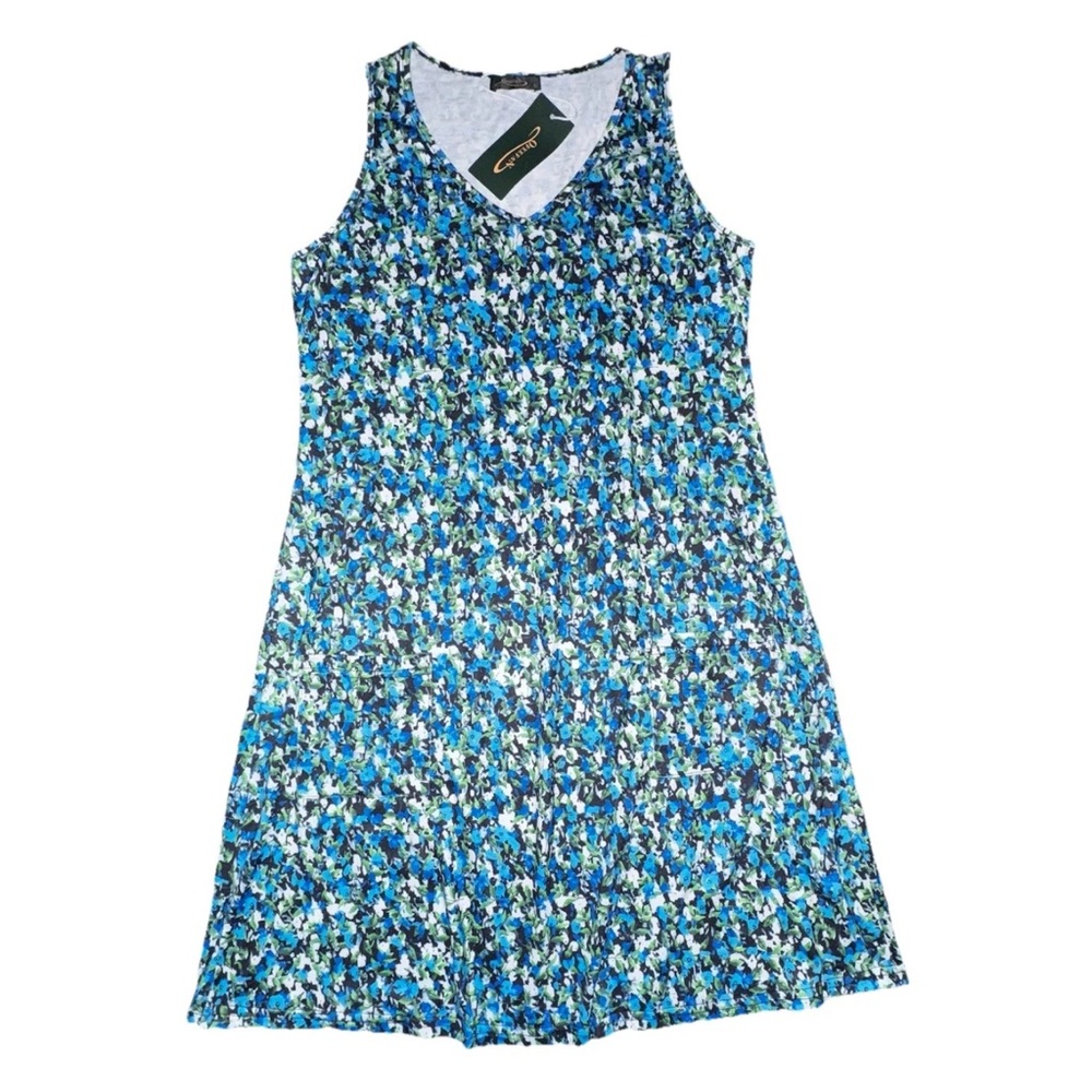 NWT OfeefaN Women’s Small Blue White Green Floral Sleeveless Tank Swing Dress